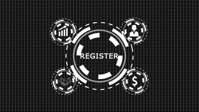 A businessman's hand selecting a Register Now concept button on a futuristic computer screen white flickering dots on blue background. Business, Technology, Internet. seamless animation of hue .4k