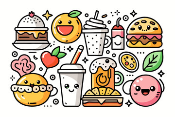 Delightful cartoon food illustrations featuring burgers, desserts, drinks, and smiling characters perfect for restaurant menus, playful branding, and cheerful designs
