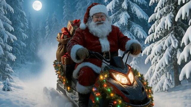 Santa claus on snowmobile decorated with christmas lights rides in snowy forest. Christmas santa claus driving snowmobile covered with glowing garland through cold night. Holiday lifestyle concept