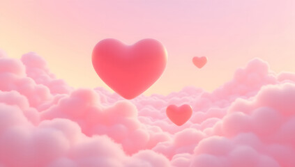 Heart shaped clouds floating in dreamy pink sky