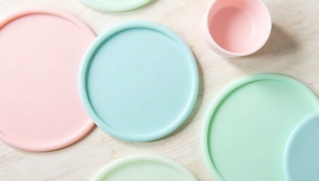 Flat lay of reusable silicone food covers in pastel colors arranged aesthetically, sustainable kitchen product concept