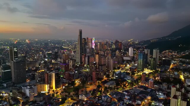 Aerial drone view of Medellin, historic hillside town in Colombia in daylight