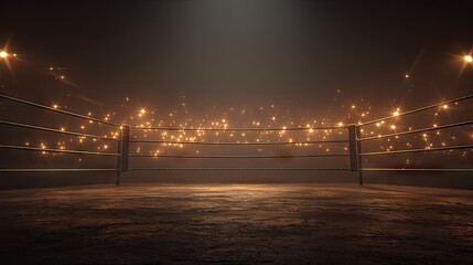 Empty boxing ring under spotlight with sparkling particles.