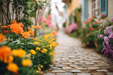 Obraz premium tiny European alley filled with colorful flowers