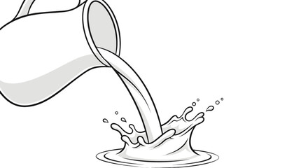 Milk Splashing from White Jug Creating a Crown Shape on a White Background with Detailed Line Art Illustration