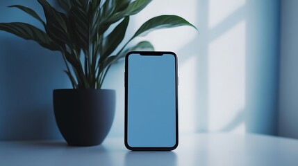Modern smartphone with a blank blue screen sits next to a potted plant with sunlight casting shadows