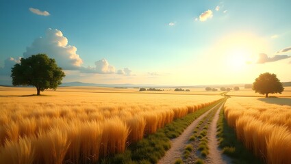 Fototapeta premium Peaceful summer landscape with golden wheat field and clear blue sky in warm sunlight
