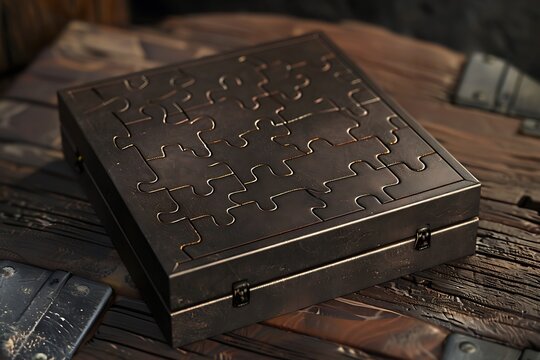 Metallic jigsaw puzzle pieces arranged in a rectangular tray with dramatic lighting