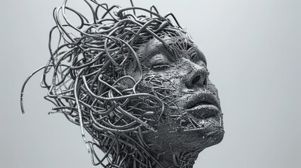 Explosive human head surrounded by chaotic wires illustrating sensory overload and mental strain