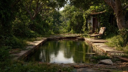 Obraz premium Abandoned pool in overgrown jungle