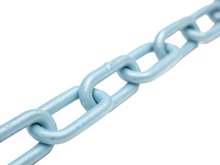 Close up view of a light blue metal chain link isolated on transparent background