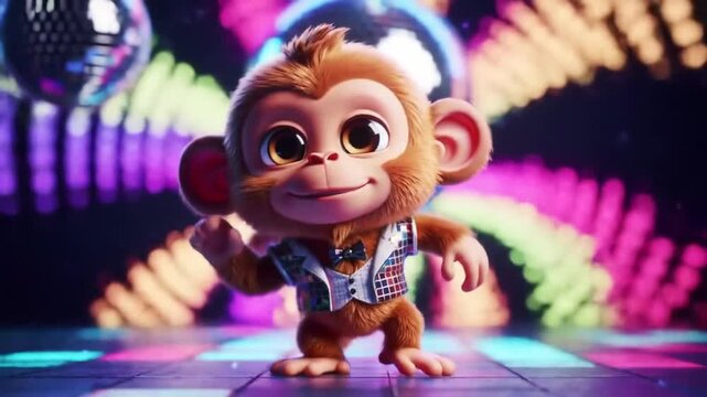 Animated monkey character in disco style party