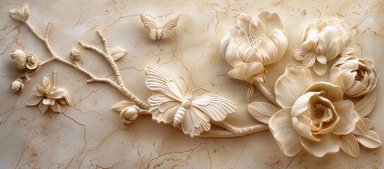 A butterfly relief on a wall featuring flowers and branches against a beige background. The style is Chinese with simple lines and a high-end, high definition