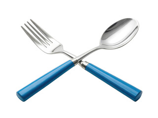 Fototapeta premium Silver fork and spoon with blue handles crossed isolated on transparent background