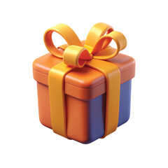 A colorful 3D gift box icon with a purple base, orange lid, and a decorative yellow ribbon bow, perfect for celebration themes, festive designs, party invitations, holiday graphics, and app or website