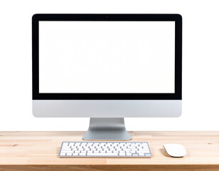 Fototapeta premium A - Desktop Computer on Wooden Desk, Front View, Transparent PNG.