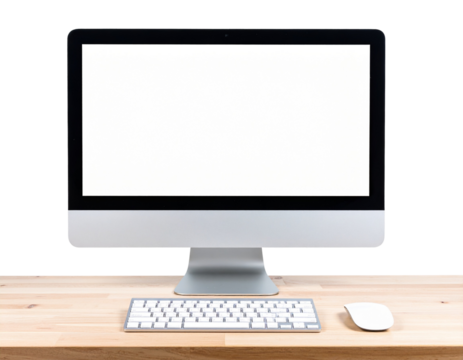 A - Desktop Computer on Wooden Desk, Front View, Transparent PNG.