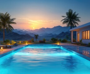 Fototapeta premium Tranquil pool house at sunset