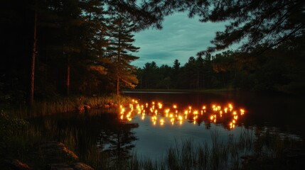Serene Lake at Dusk Illuminated by Floating Torches Amidst Pine Forest