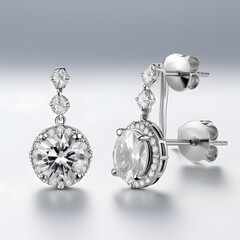 A high-quality studio shot of a stunning pair of luxurious diamond drop earrings. Each earring features a brilliant oval-cut central diamond surrounded by a halo of smaller, intricate diamonds in a un