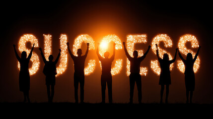 Silhouettes of people celebrating success with raised arms against fiery background, creating word SUCCESS in sparkling lights, symbolizing achievement and joy