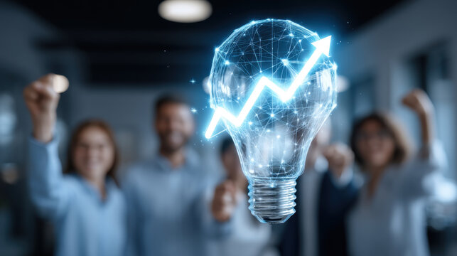 Light bulb symbolizing innovation and growth with digital graph overlay, representing success and teamwork in modern office environment. atmosphere is energetic and inspiring - Powered by Adobe