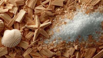 Obraz na płótnie Canvas Seashells, starfish, salt on wood chips