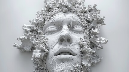 An exploding human head surrounded by chaotic wires representing sensory overload and mental strain