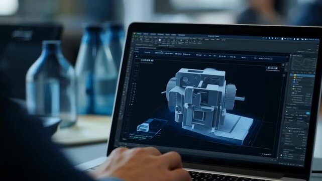 A person is using a laptop to view a 3D model of a mechanical component on the screen, with laboratory equipment subtly in the background.