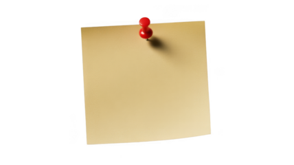 A single yellow sticky note pinned to a surface isolated on transparent background