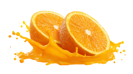 Vibrant Orange Halves Splashing Juice Isolated on Transparent Backdrop for Refreshing Beverage Concepts