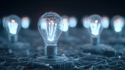 Innovative light bulbs glowing in futuristic setting, showcasing network of interconnected designs. scene evokes sense of creativity and technology, highlighting modern illumination concepts