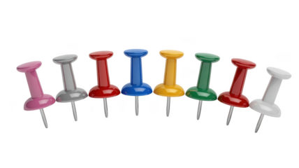 Collection of colorful push pins arranged in a curved line isolated on transparent background