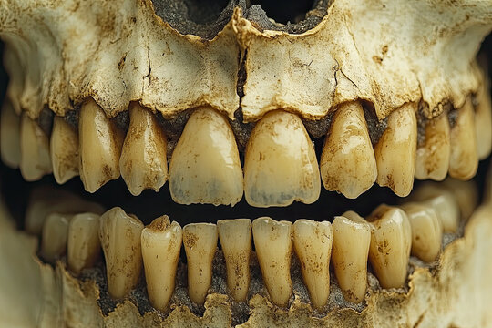 A close-up view of a human skull's teeth, showcasing the dental structure and wear patterns.