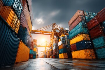Cargo containers stacked high at a port, dramatic sky