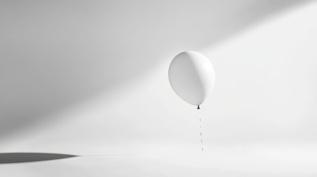 monochromatic still life featuring cream balloon hovering in stark white space, barely visible string creating vertical tension, masterful shadow play with gentle gradients, premium editorial