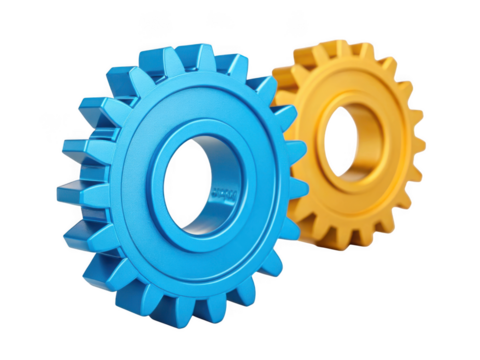 Two interlocking blue and yellow gears working together isolated on transparent background