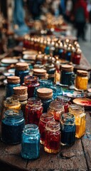 Colorful jars of paint on a table