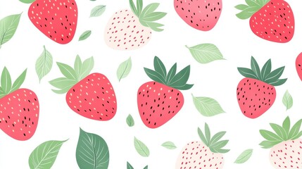 simple repeating strawberry design, abstract geometric interpretation of berries and leaves, clean lines and shapes, pale pink fruits with mint green accents, pure white background, contemporary