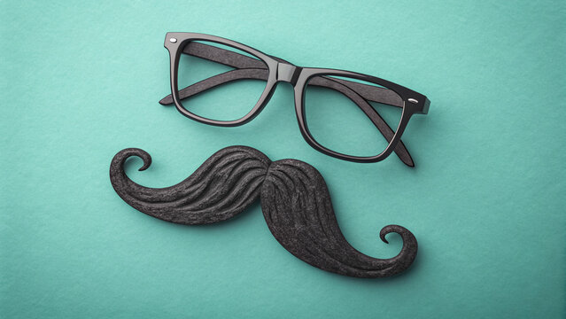 Father’s Day Hipster Fashion Concept – Minimalist Vector with Square Sunglasses and Fake Moustache on Blue Background