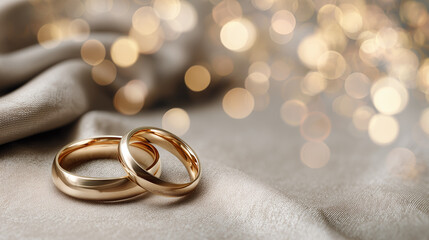 Wedding Planner, wedding rings on satin cloth, soft bokeh lights
