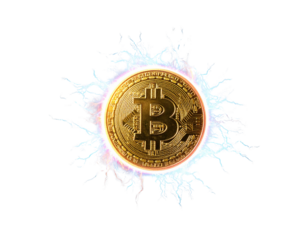 A - Floating Bitcoin Coin with Futuristic Glow and Energy Light Effects, Transparent PNG.