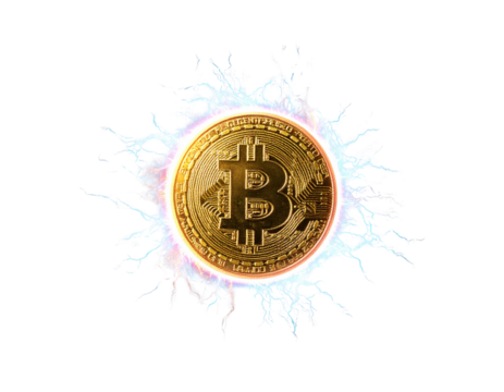 A - Floating Bitcoin Coin with Futuristic Glow and Energy Light Effects, Transparent PNG.