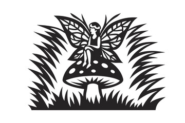 Black Fairy with Wings Sitting on Mushroom on a White Background