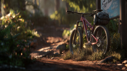 Fototapeta premium Bike Shop, mountain bike on dirt trail, sunlight
