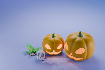 Halloween pumpkin jack-o-lantern with skrull halloween    backround.  3D illustration