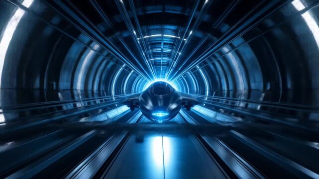 Sleek vehicle moving through a glowing, futuristic tunnel