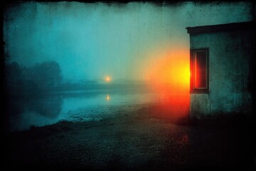 Foggy sunrise illuminates a small building near water
