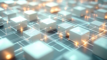 Abstract digital network of glowing cubes and circuits, representing technology and data flow