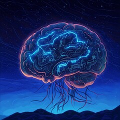 Cybernetic Brain with Night Sky.